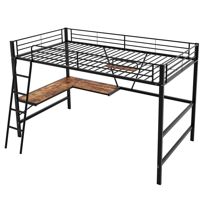 Hochbett 90x200 cm aus Metall mit L-förmigem Schreibtisch und Regal