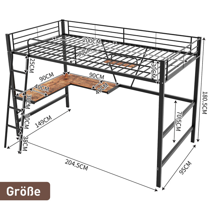 Hochbett 90x200 cm aus Metall mit L-förmigem Schreibtisch und Regal