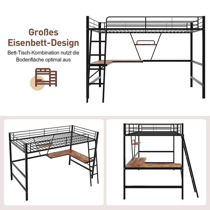 Hochbett 90x200 cm aus Metall mit L-förmigem Schreibtisch und Regal