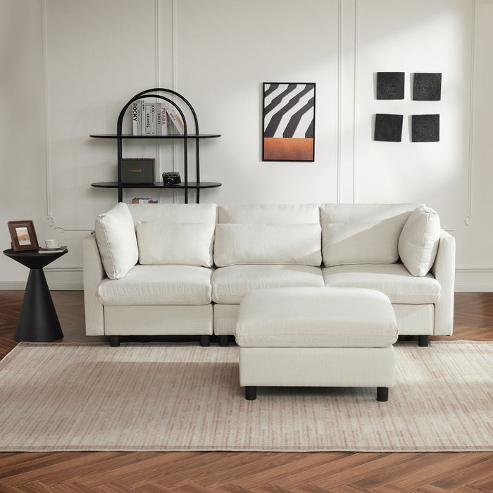 L-förmiges Wohnzimmersofa mit Fußhocker und Kissen in beige YH530144454647A 02