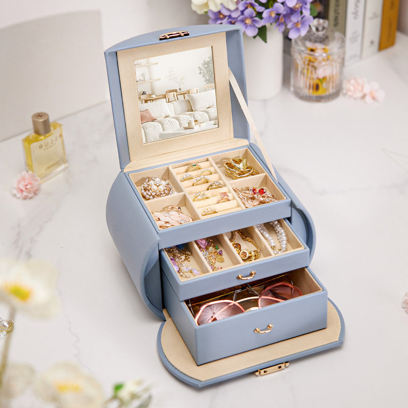 Yorbay Runder Schmuckkoffer aus Kunstleder mit Handgriff Blaugrau - SL003-C082 - 21 - Yorbay.de