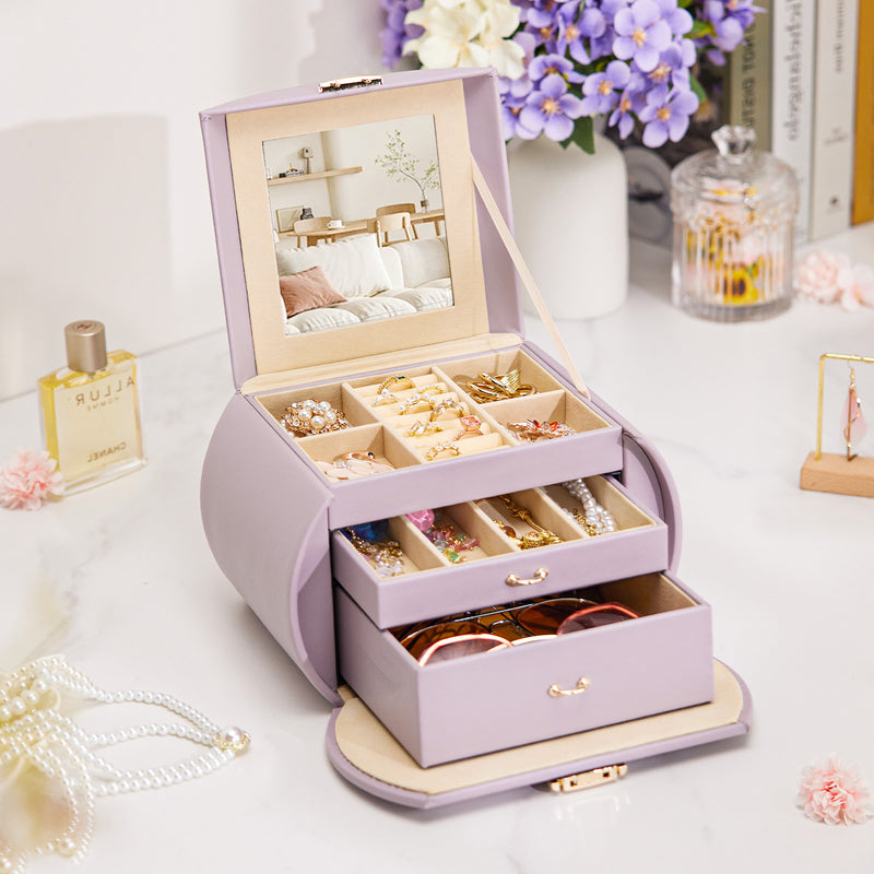 Yorbay Runder Schmuckkoffer aus Kunstleder mit Handgriff Lilagrau - SL003-C081 - 29 - Yorbay.de