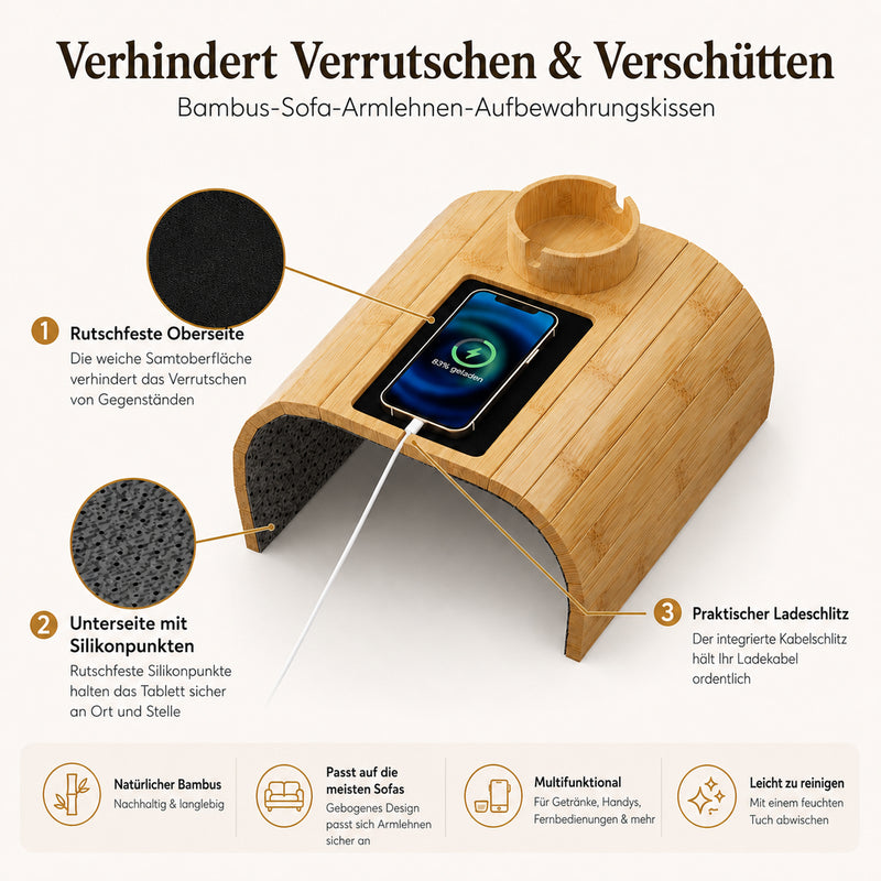 Yorbay Sofa-Armlehnen-Tablett aus Bambus mit 360° Becherhalter