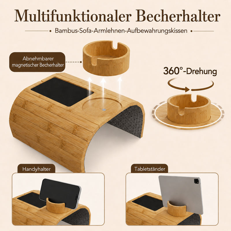 Yorbay Sofa-Armlehnen-Tablett aus Bambus mit 360° Becherhalter