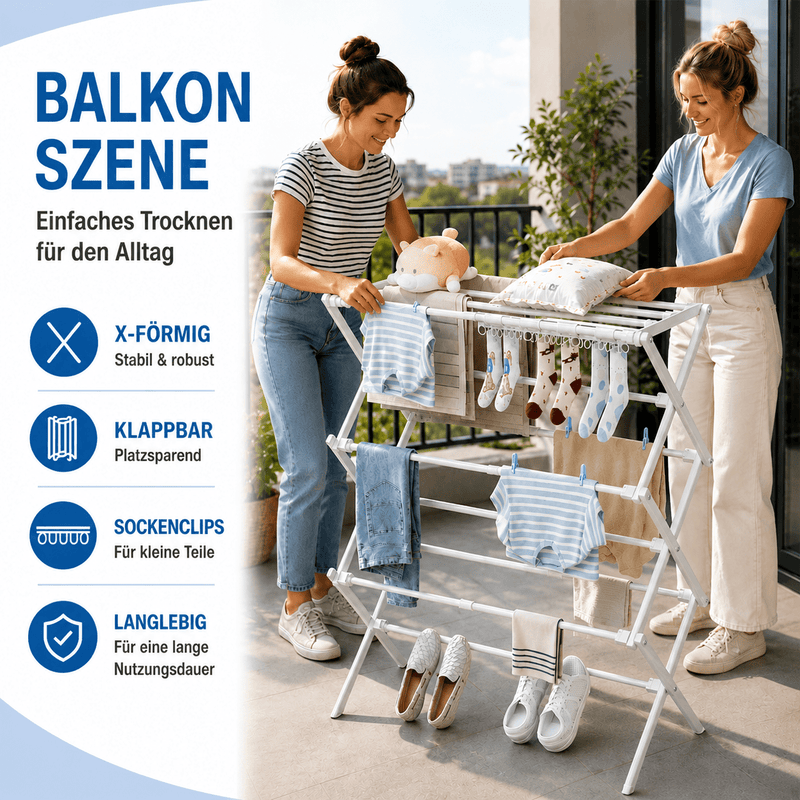 X Wäscheständer ausziehbar klappbar 46–73 cm – 3-stufig —