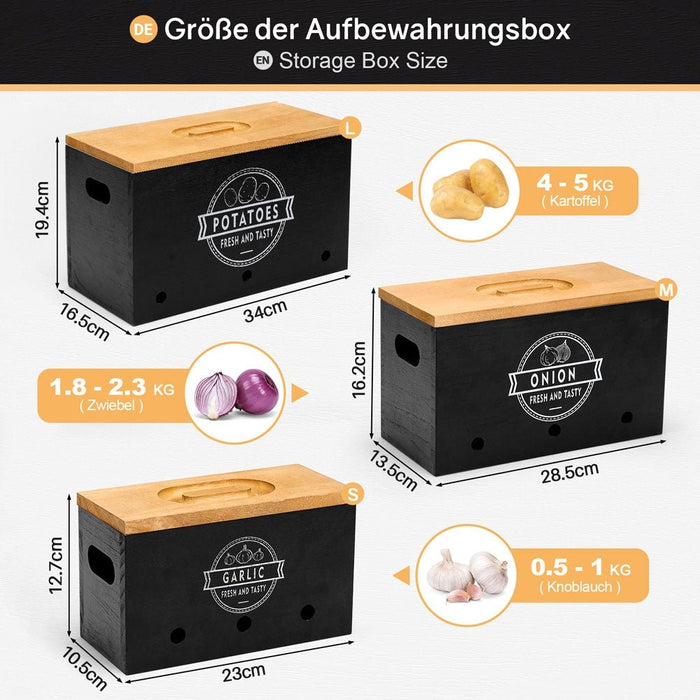 Yorbay 3er - Set Kartoffel - Aufbewahrungsboxen aus Holz, schwarz/weiß - B86 - 5 - Yorbay.de