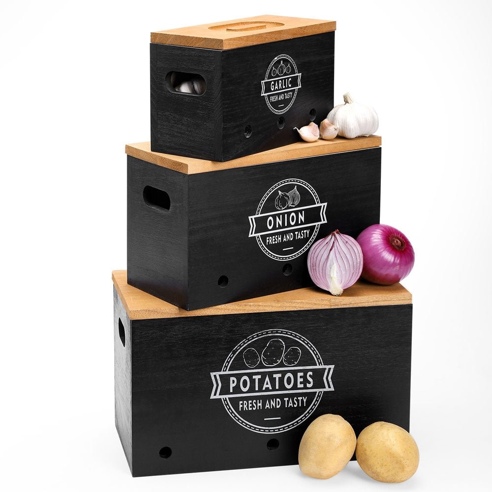 kartoffeln aufbewahren box 3er-Set Kartoffel-Aufbewahrungsboxen aus Holz, schwarz/weiß — Yorbay.de