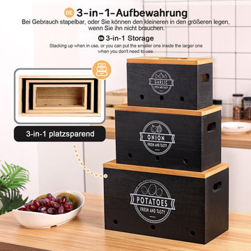 3er-Set Kartoffel-Aufbewahrungsboxen aus Holz, schwarz/weiß —