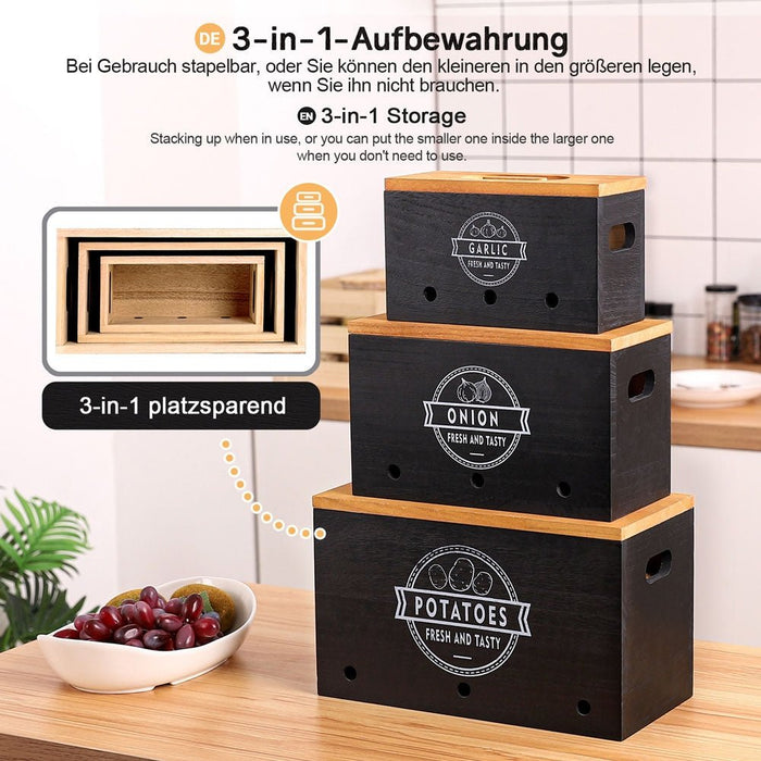 Yorbay 3er - Set Kartoffel - Aufbewahrungsboxen aus Holz, schwarz/weiß - B86 - 8 - Yorbay.de