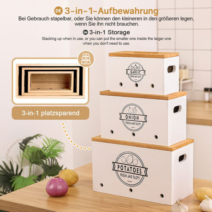 Yorbay 3er - Set Kartoffel - Aufbewahrungsboxen aus Holz, schwarz/weiß - B87 - 13 - Yorbay.de