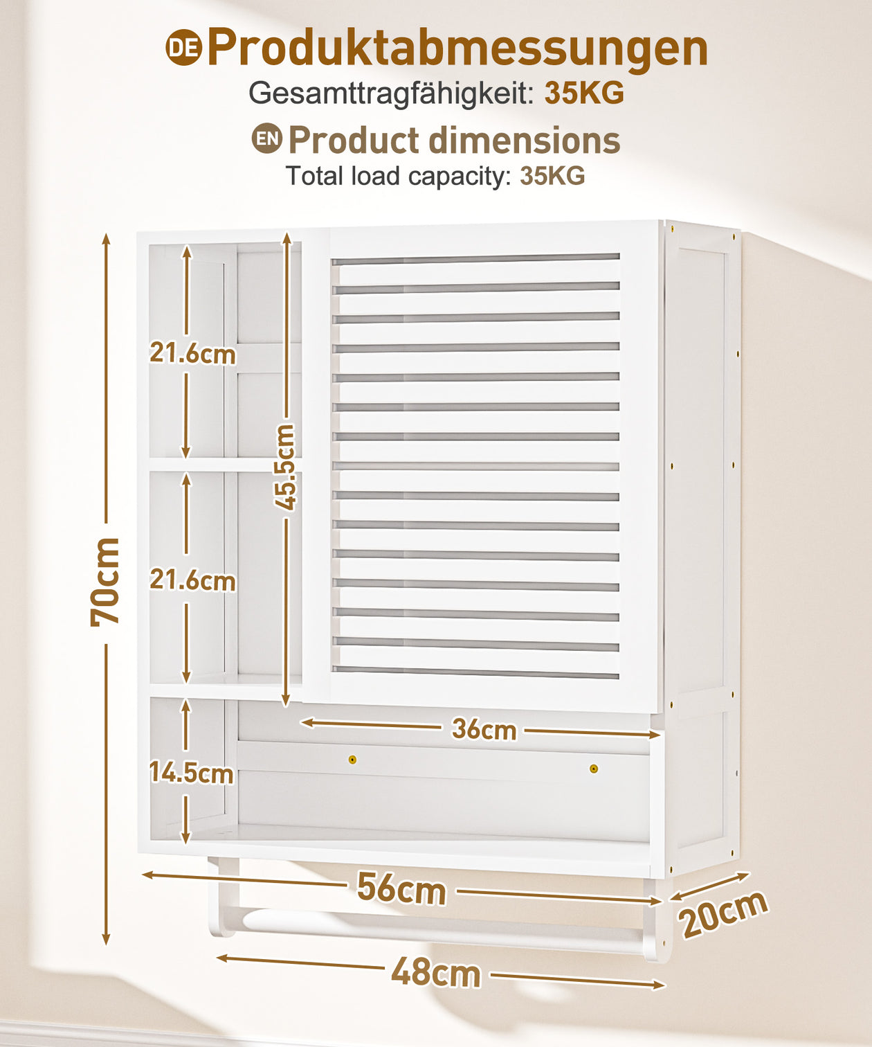 Yorbay Badezimmerschrank mit Tür und Regalen, 70 x 56 x 20 cm - YB070 - Z095 - 12 - Yorbay.de