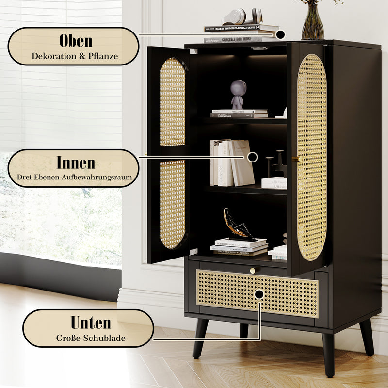 Sideboard in Schwarz mit Rattan - Design, mit 2 Türen und 1 Schublade - YB - WF316082BAA - 4 - Yorbay.de