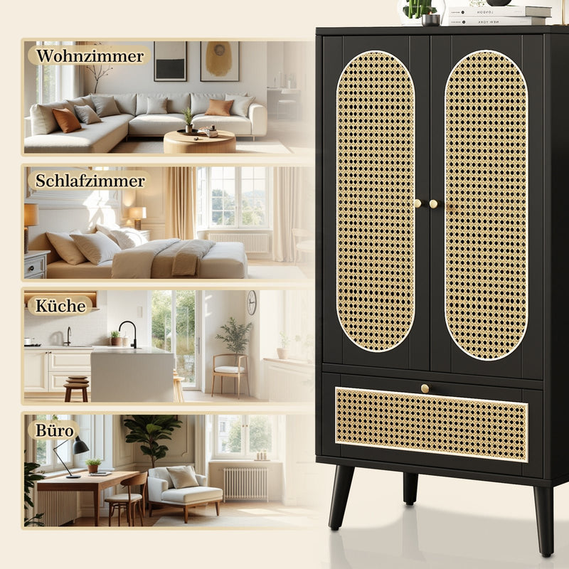 Sideboard in Schwarz mit Rattan - Design, mit 2 Türen und 1 Schublade - YB - WF316082BAA - 6 - Yorbay.de
