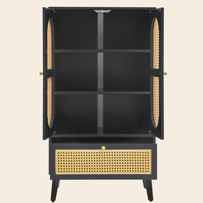 Sideboard in Schwarz mit Rattan - Design, mit 2 Türen und 1 Schublade - YB - WF316082BAA - 7 - Yorbay.de