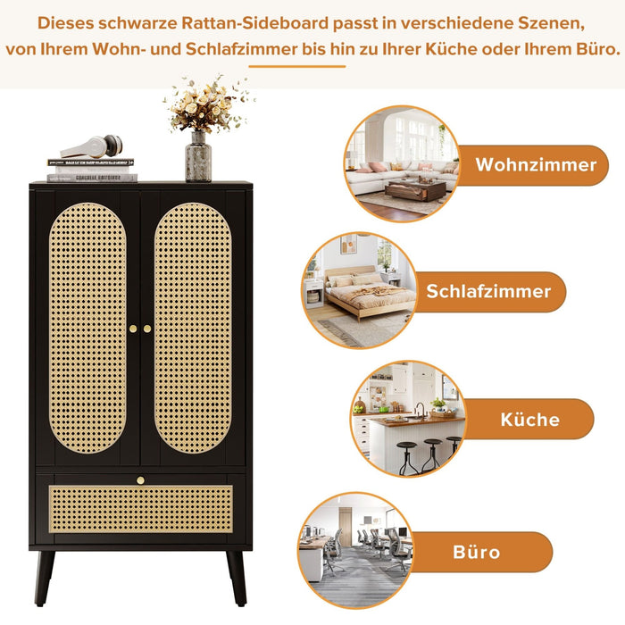 Sideboard in Schwarz mit Rattan - Design, mit 2 Türen und 1 Schublade - YB - WF316082BAA - 7 - Yorbay.de