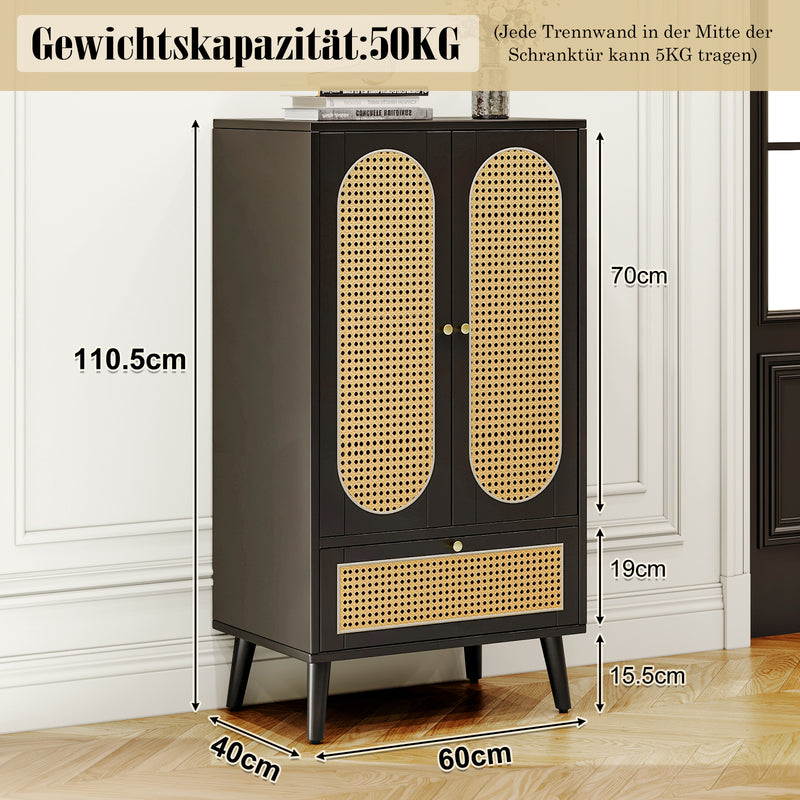 Sideboard in Schwarz mit Rattan - Design, mit 2 Türen und 1 Schublade - YB - WF316082BAA - 3 - Yorbay.de