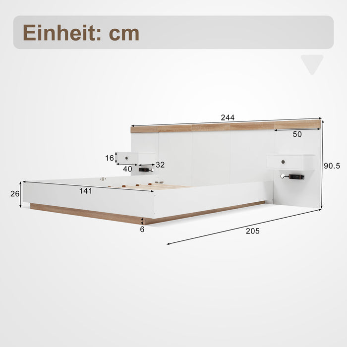 Doppelbett mit LED - Nachttischen, USB - C Steckdose und Schwebebett - Design, 140x200 cm, 160x200 cm, 180x200 cm - YB - 68232430AAW - 3 - Yorbay.de