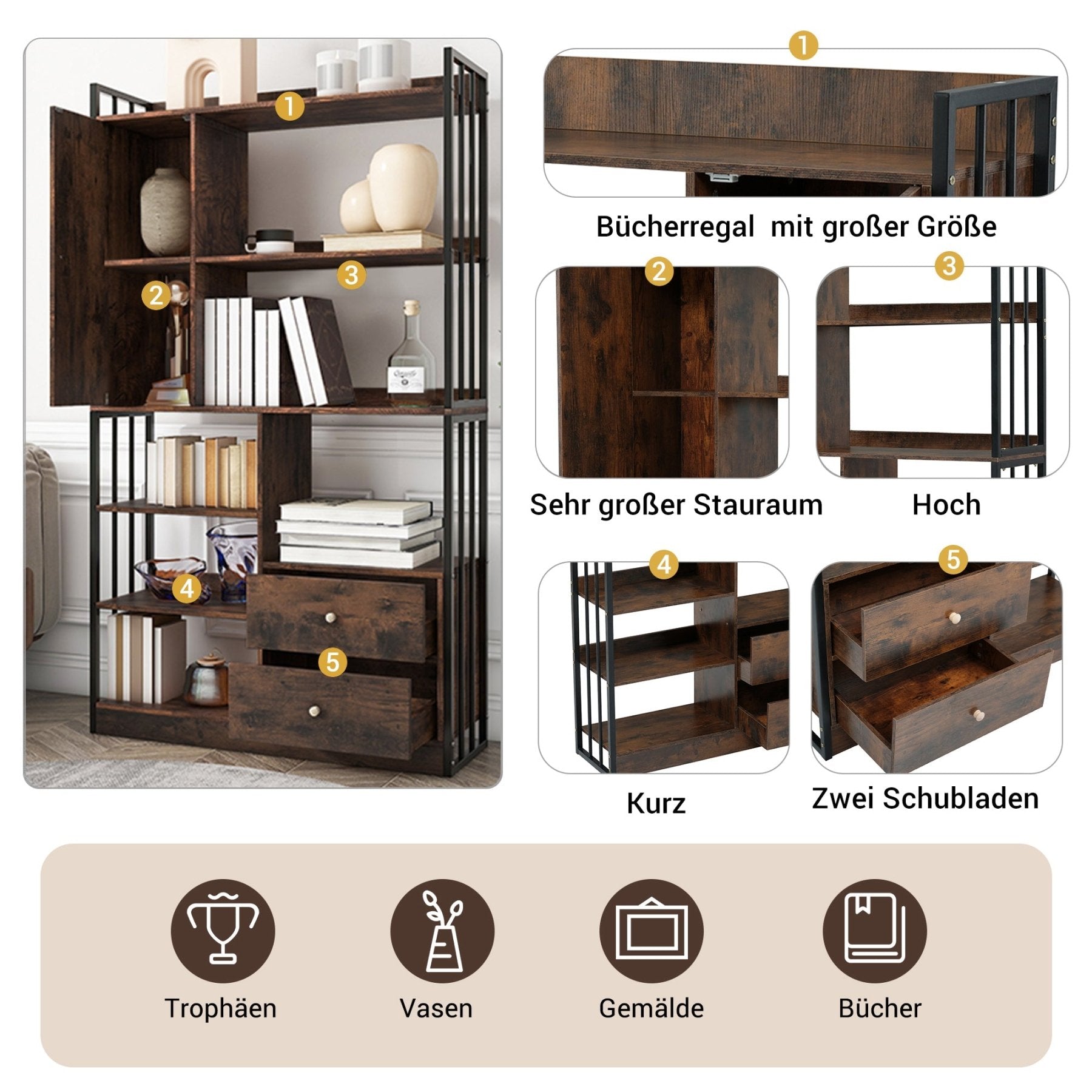Dripex Bücherregal Mit 2 Schubladen - 7-Fach Würfelregal Aus Holz & Metall, 33x100x90 Cm, Schwarz