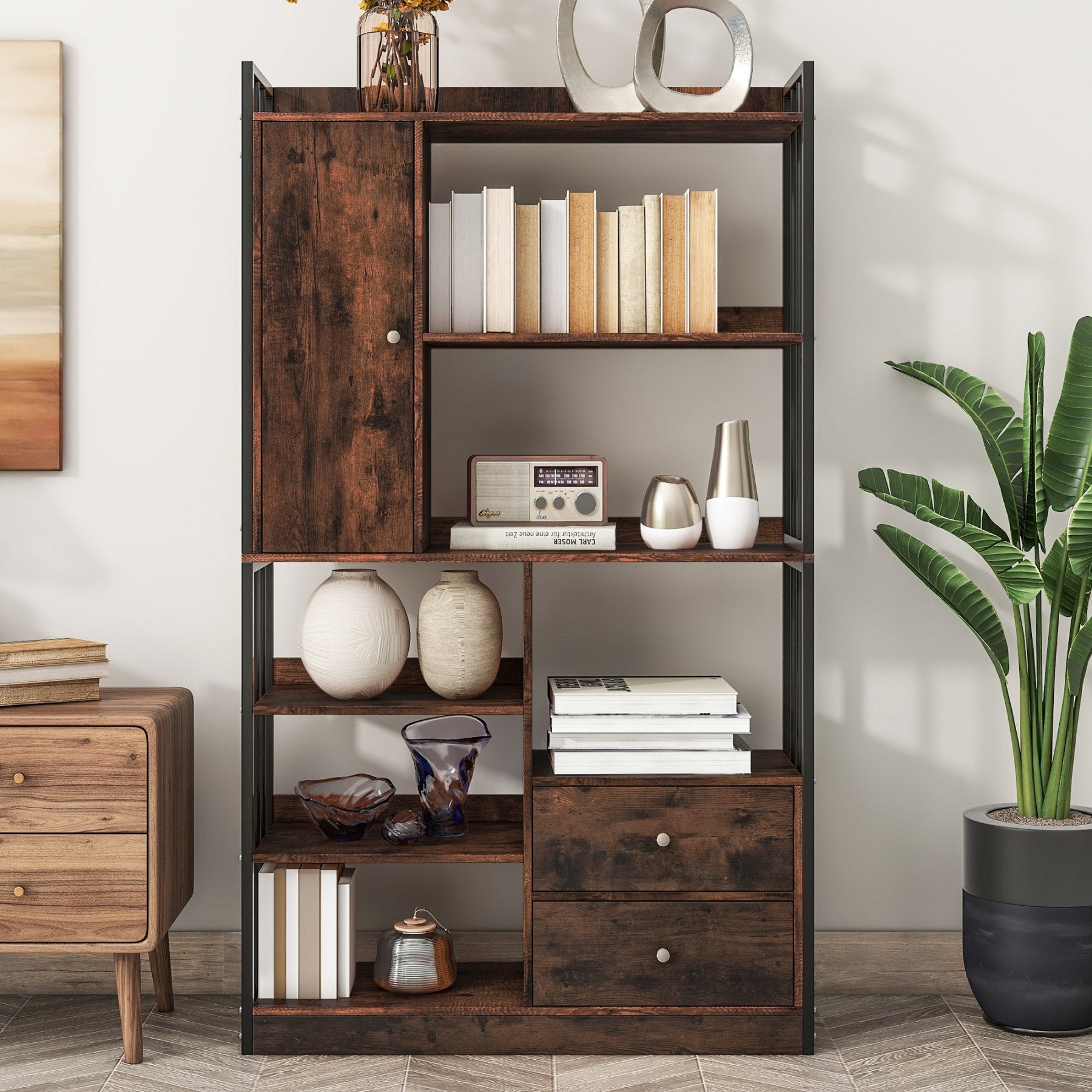 FOLUBAN Bücherregal 3 Ebenen - Industriestil Aus Holz & Metall, 80x30.5x86.9 Cm, Eiche-Optik, Verstellbare Füße, Kippsicherung