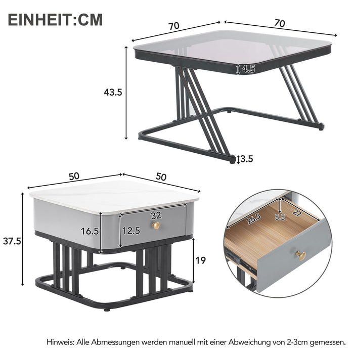 2-teiliges Couchtisch-Set, Teal Glas und Marmorschiefer, Massivholz-Schublade