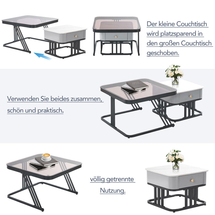 2-teiliges Couchtisch-Set, Teal Glas und Marmorschiefer, Massivholz-Schublade