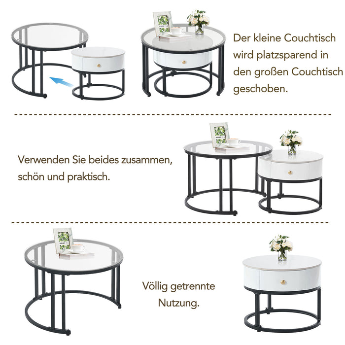 2-teiliges Couchtisch-Set, Glasoberfläche, Marmorschiefer und Massivholz