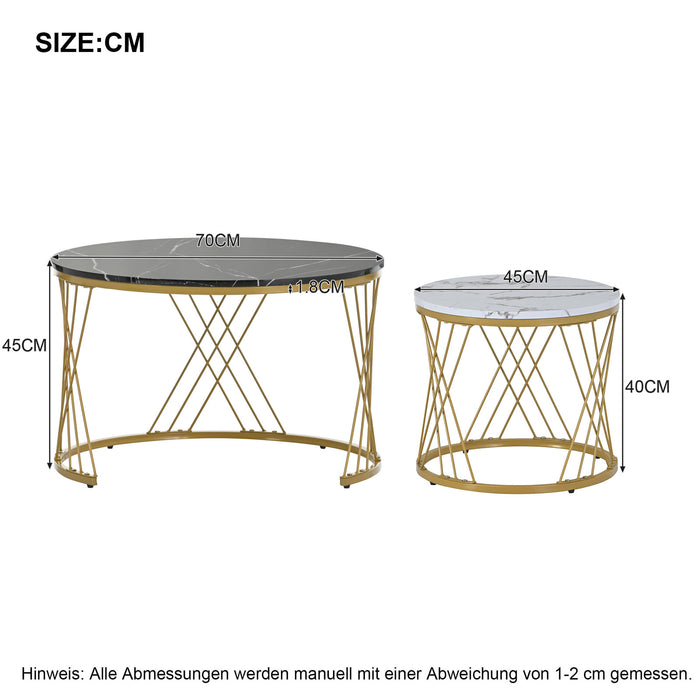 2er-Set - Runder Couchtisch mit Marmor-Furnier und goldenem Rahmen