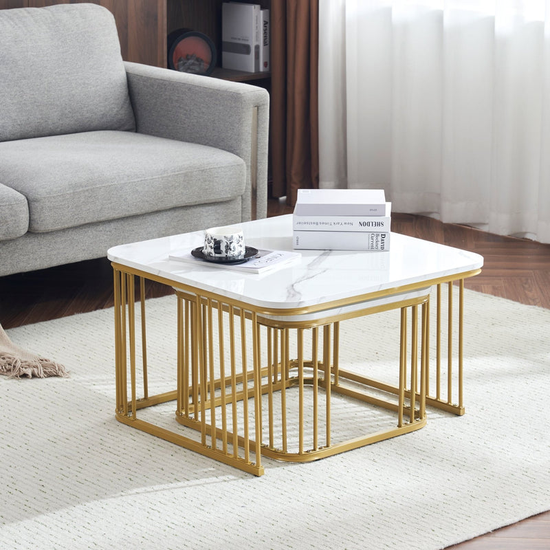 2 - teiliges Couchtisch - Set in Hochglanz - Marmoroptik, quadratische Beistelltische - YB - WF326269AAW - 35 - Yorbay.de