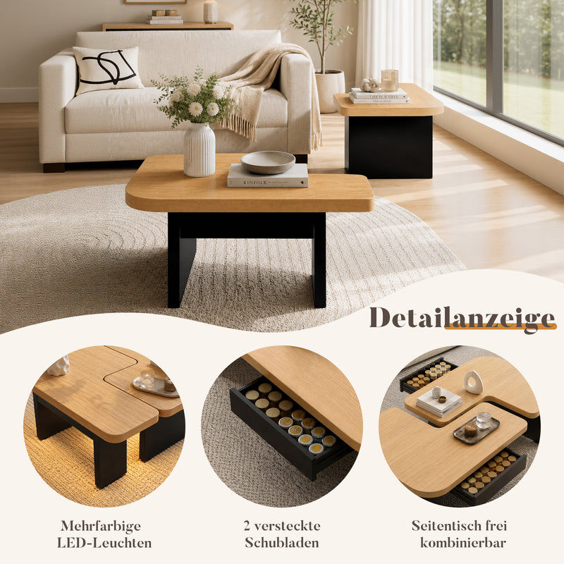 Yorbay LED Couchtisch 2er-Set modular mit 2 Schubladen