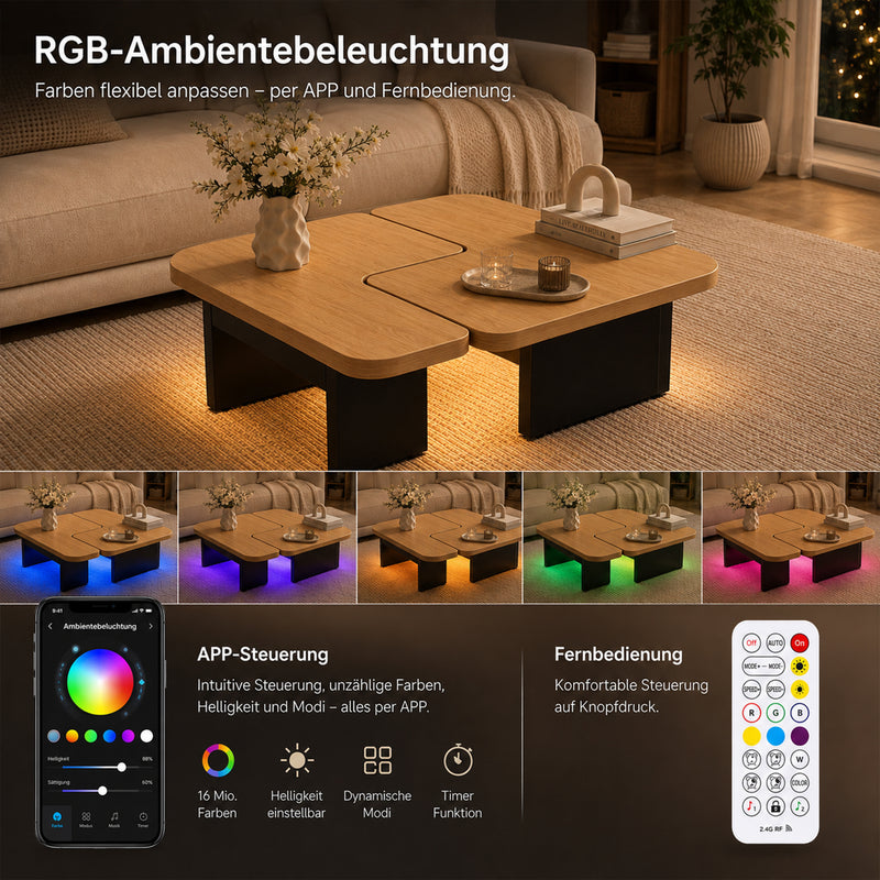 Yorbay LED Couchtisch 2er-Set modular mit 2 Schubladen