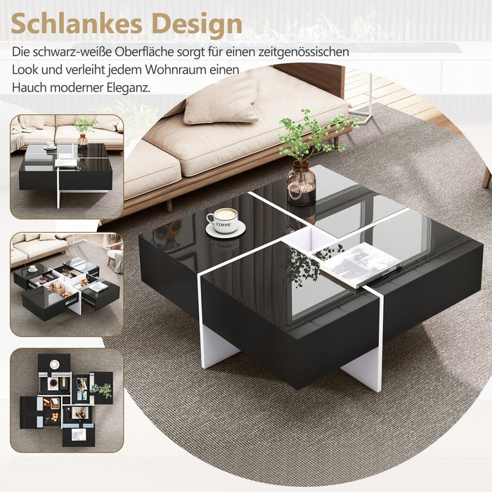 Quadratischer Hochglanz - Couchtisch 70x70x35 cm – schwarz - weiß, 4 Schubladen - YB - N625P170659B - 5 - Yorbay.de