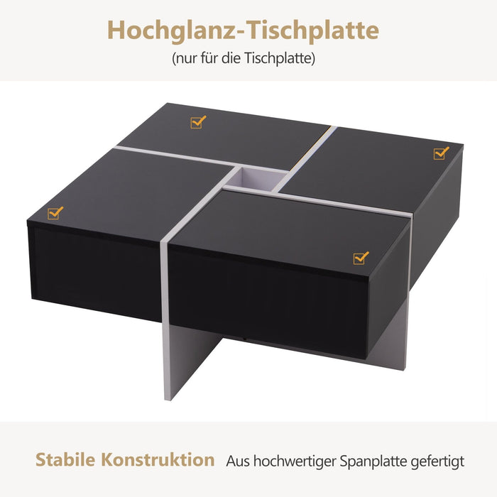 Quadratischer Hochglanz - Couchtisch 70x70x35 cm – schwarz - weiß, 4 Schubladen - YB - N625P170659B - 6 - Yorbay.de