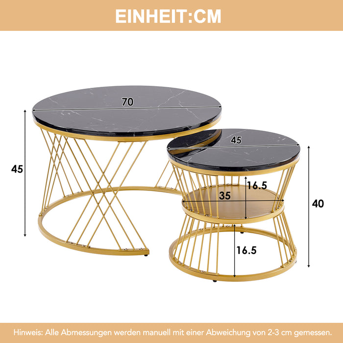 2-teiliges Couchtisch-Set, Hochglanz-Marmor-Optik und goldfarbener Metallrahmen