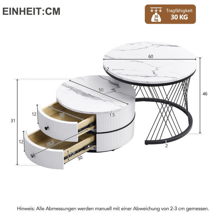 2-teiliges Couchtisch-Set in Hochglanz-Marmoroptik mit Schubladen