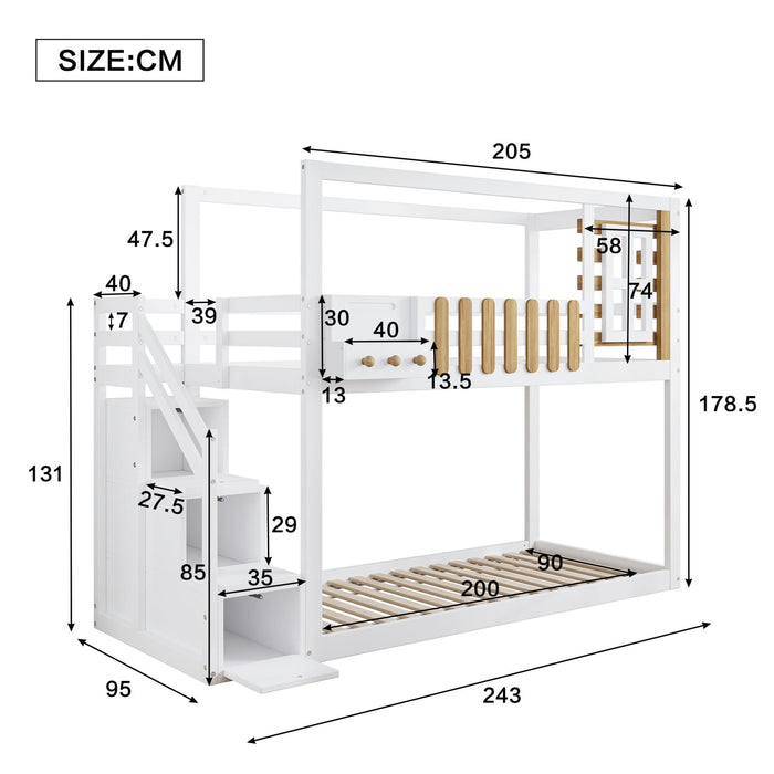 Etagenbett mit Treppe, Fenster und Regalkasten, 90x200 cm, Weiß - YB - 30599234WAA - 1 - 3 - Yorbay.de