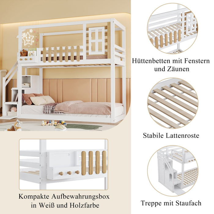 Etagenbett mit Treppe, Fenster und Regalkasten, 90x200 cm, Weiß - YB - 30599234WAA - 1 - 4 - Yorbay.de