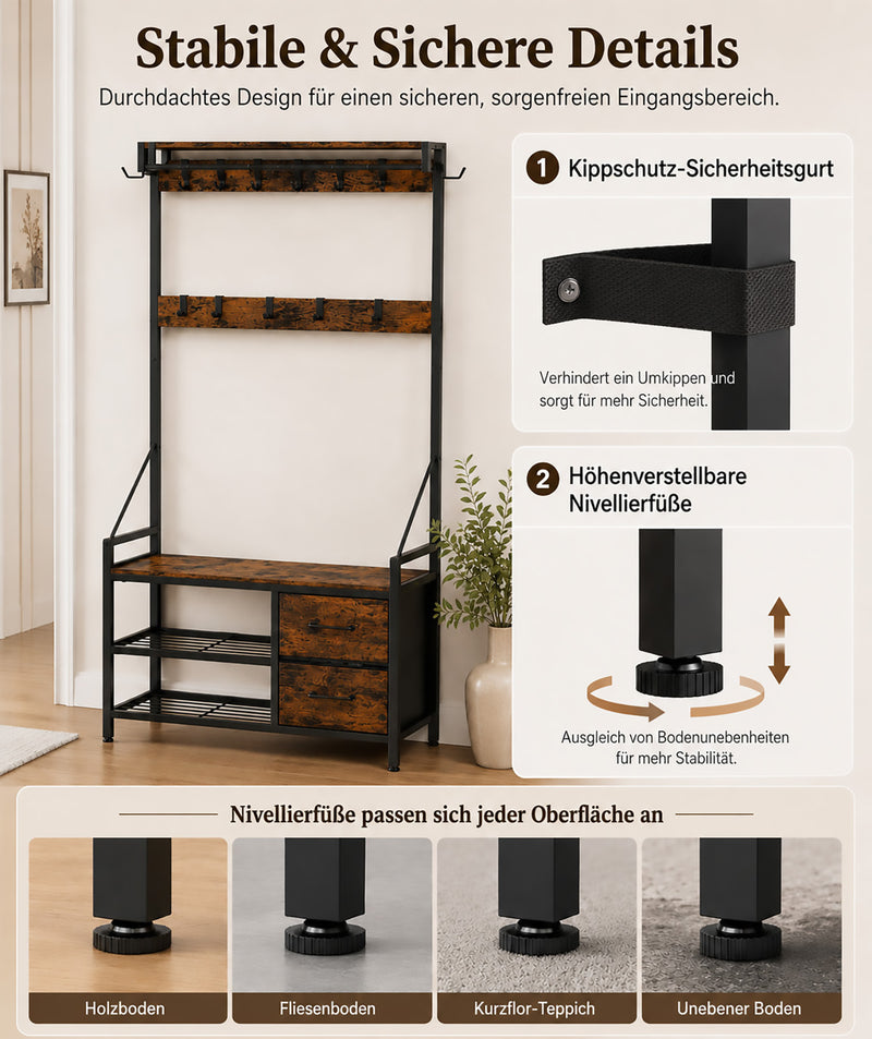 Yorbay Garderobe mit Sitzbank, 17 Haken, Schuhregal & 2 Schubladen