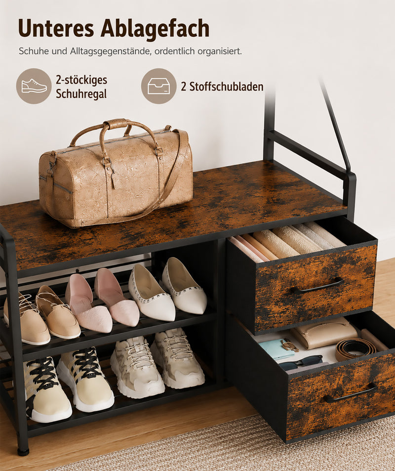 Yorbay Garderobe mit Sitzbank, 17 Haken, Schuhregal & 2 Schubladen