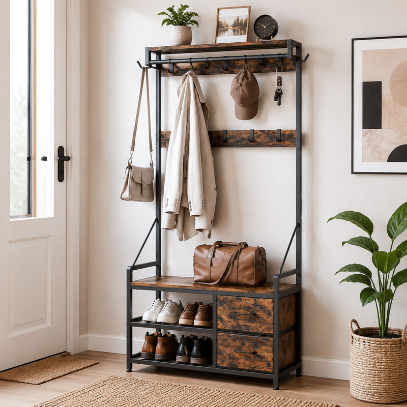 Yorbay Garderobe mit Sitzbank, 17 Haken, Schuhregal & 2 Schubladen