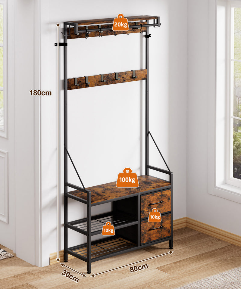 Yorbay Garderobe mit Sitzbank, 17 Haken, Schuhregal & 2 Schubladen