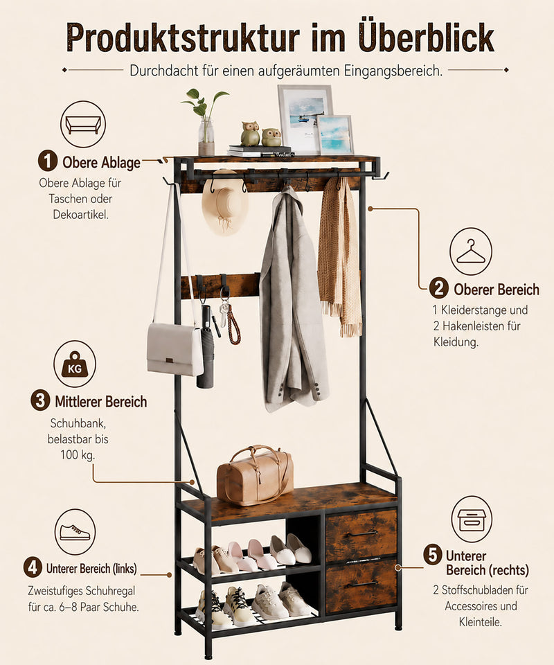 Yorbay Garderobe mit Sitzbank, 17 Haken, Schuhregal & 2 Schubladen