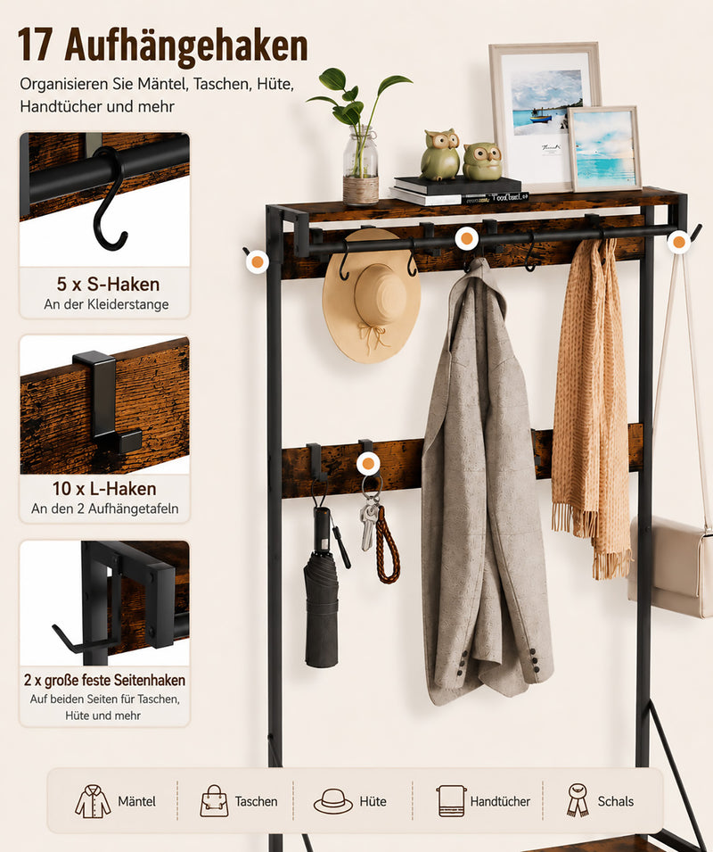 Yorbay Garderobe mit Sitzbank, 17 Haken, Schuhregal & 2 Schubladen