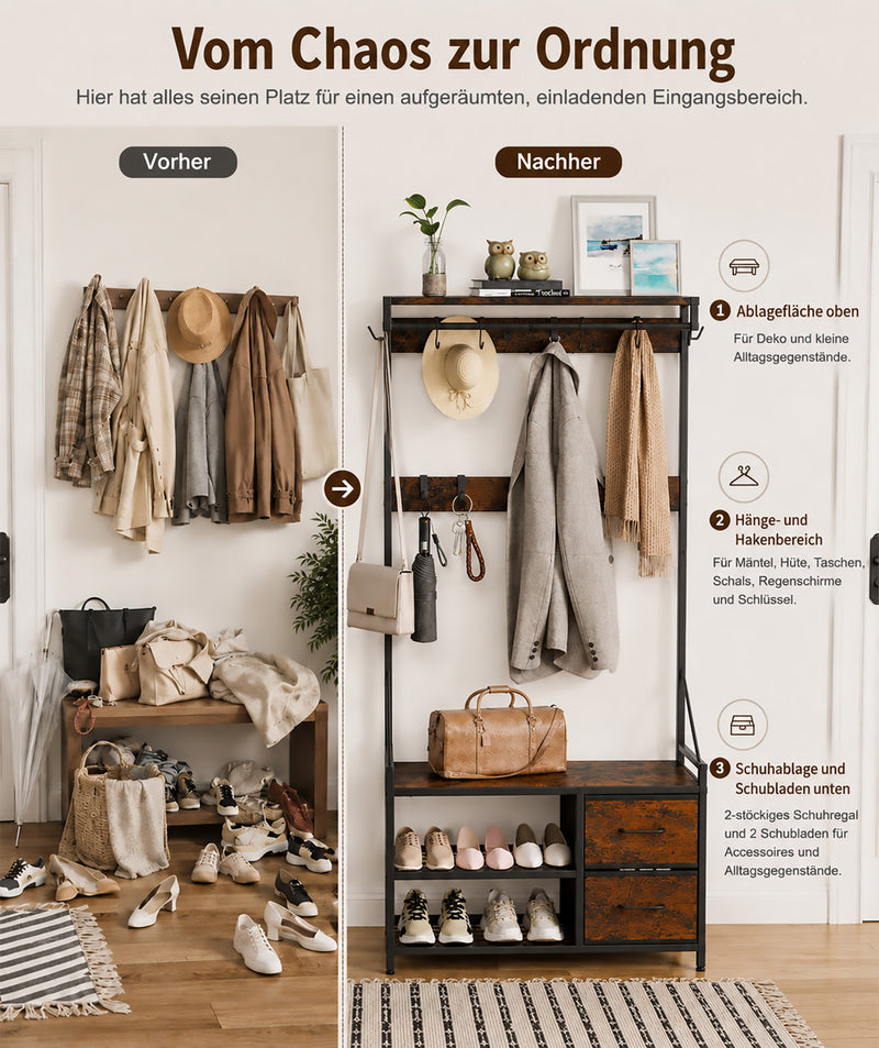 Yorbay Garderobe mit Sitzbank, 17 Haken, Schuhregal & 2 Schubladen