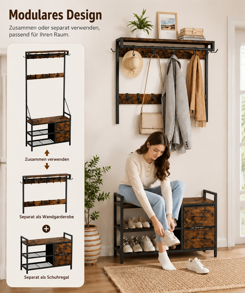 Yorbay Garderobe mit Sitzbank, 17 Haken, Schuhregal & 2 Schubladen