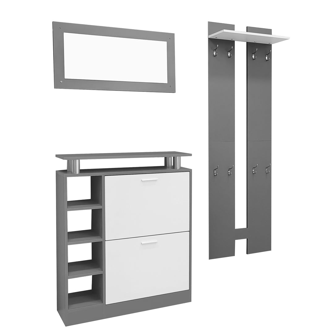 4-teiliges Garderoben-Set mit Spiegel, Schuhschrank & Wandpaneelen —