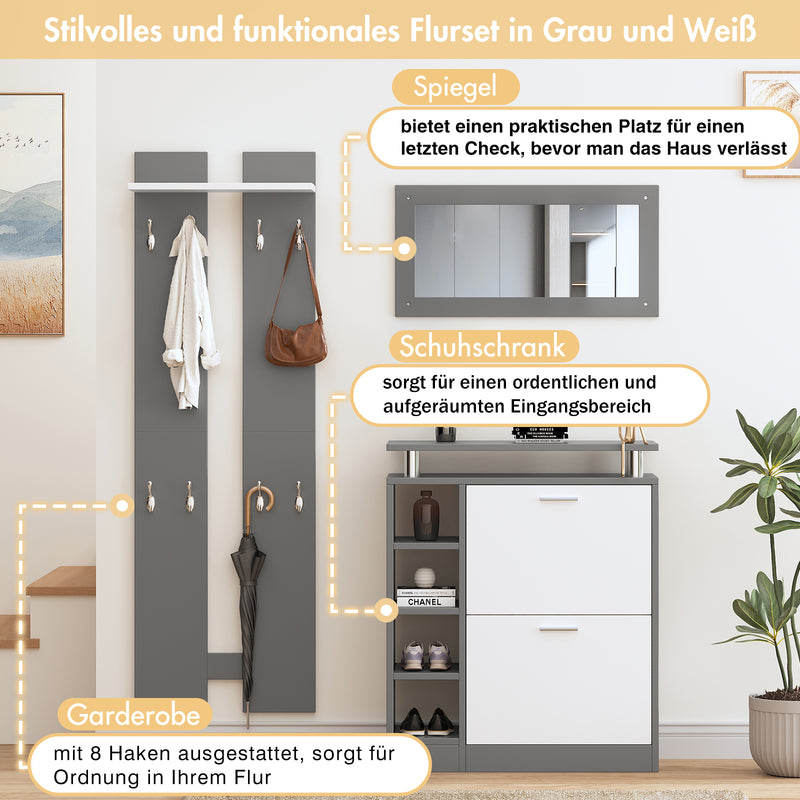 4 - teiliges Garderoben - Set mit Spiegel, Schuhschrank & Wandpaneelen - YB - PD170652653Z - 3 - Yorbay.de