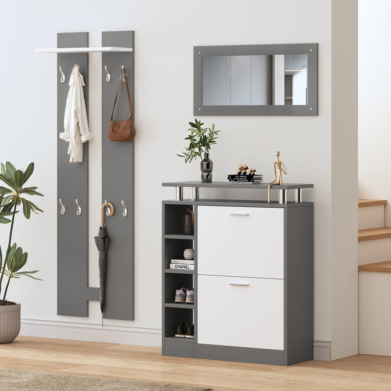 4-teiliges Garderoben-Set mit Spiegel, Schuhschrank & Wandpaneelen —
