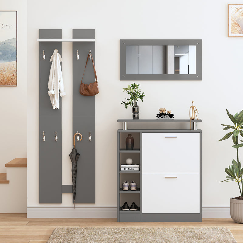 4 - teiliges Garderoben - Set mit Spiegel, Schuhschrank & Wandpaneelen - YB - PD170652653Z - 8 - Yorbay.de