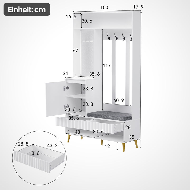 Garderoben - Set mit Sitzbank, Schubladen und 4 Kleiderhaken - YB - N657P29427273W - 3 - Yorbay.de