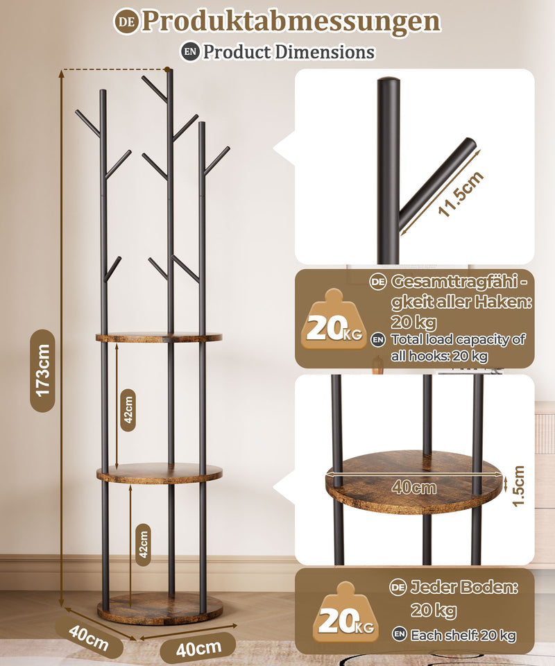 Yorbay Garderobenständer im Baum - Design mit 9 Haken & 3 Ablagen - YB104 - T073 - 3 - Yorbay.de